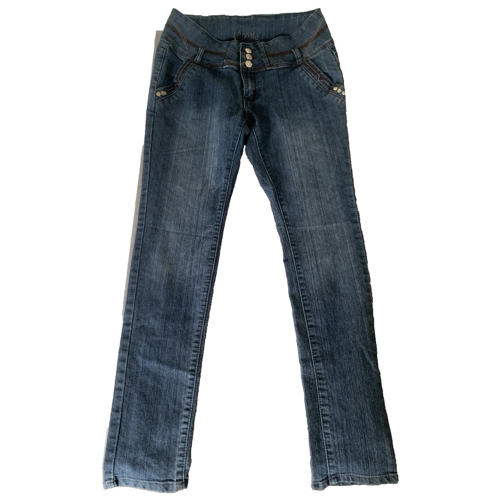 La Bonita Womens Dark Wash Skinny Jeans Low Rise Triple Button Contrast Stitch